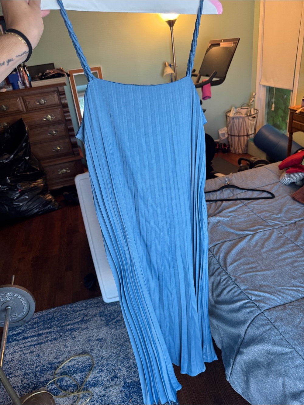 MELLODAY Sky-Blue Pleated Maxi Dress with Braided Straps